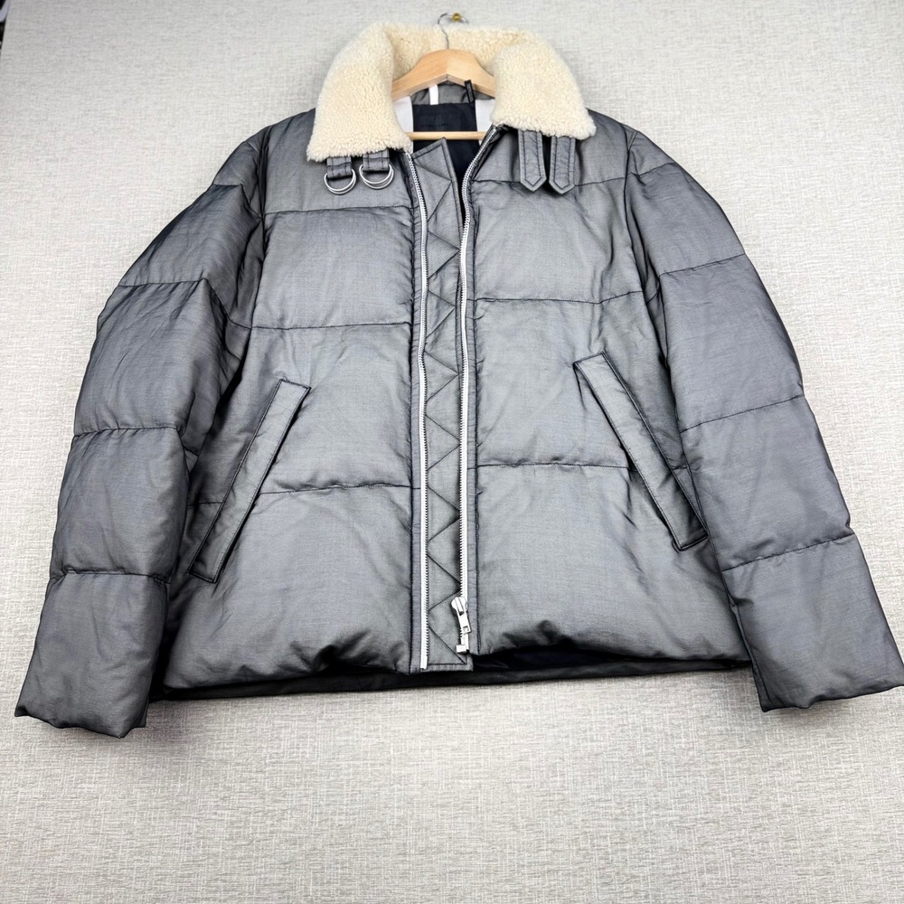 Helmut Lang Mens Medium Silk Puffer Jacket Silver Shearling Collar